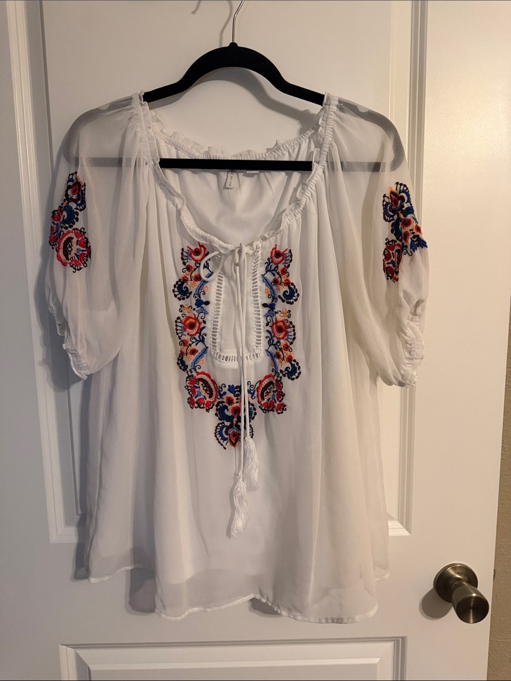 Cato White Peasant Tunic with Red & Blue Floral Embroidery